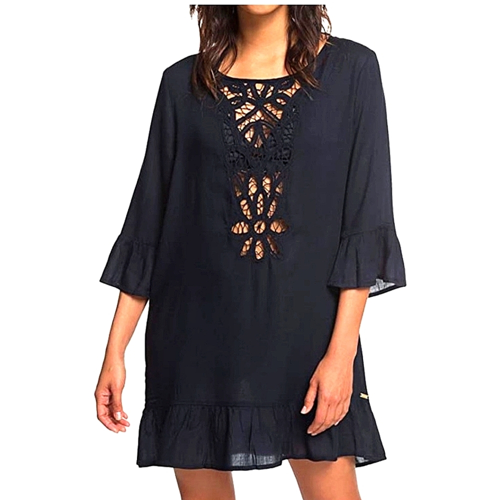 Roxy Swim Cover Up Dress Navy Blue Eyelet Open Back 3/4 Sleeve XS